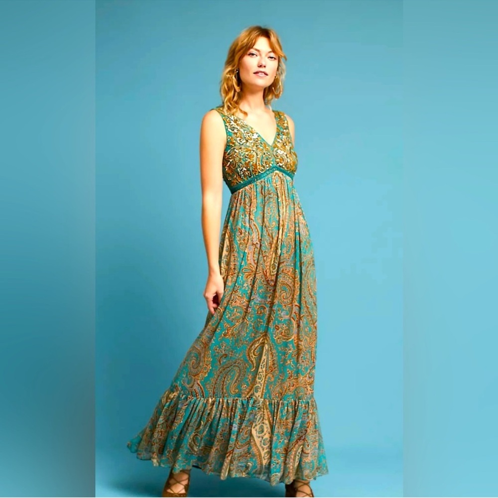 Ranna Gill Beaded Paisley Maxi Dress sz 4